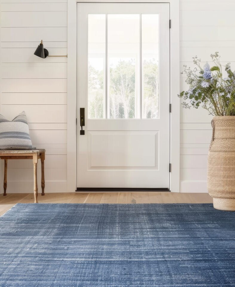 Entryway with white front door, blue area rug, wooden side table with pillows, and woven basket with plant.