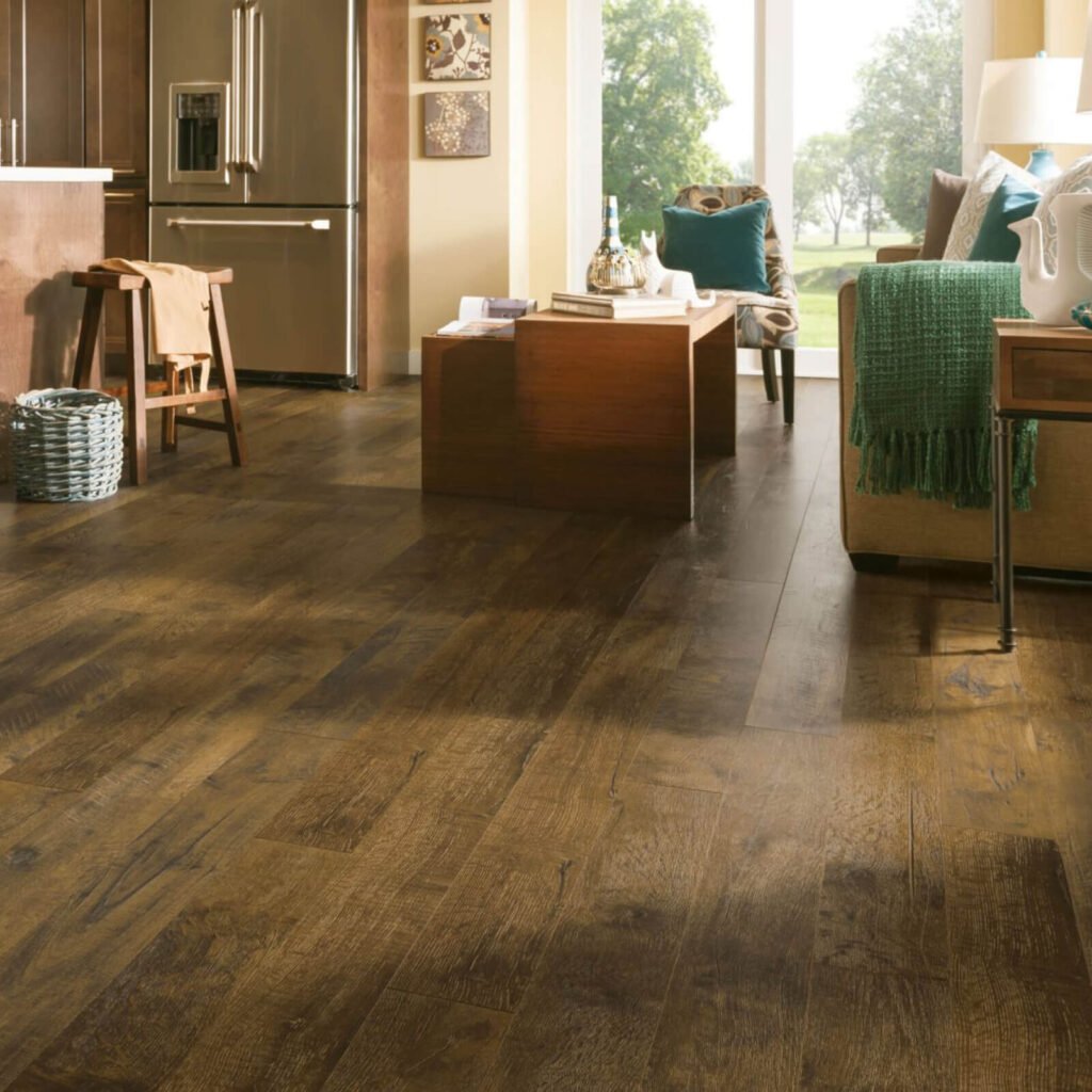 Living space with dark brown vinyl plank flooring