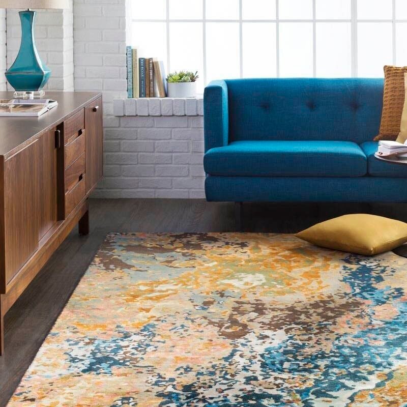 Colorful abstract rug in mid-century living room
