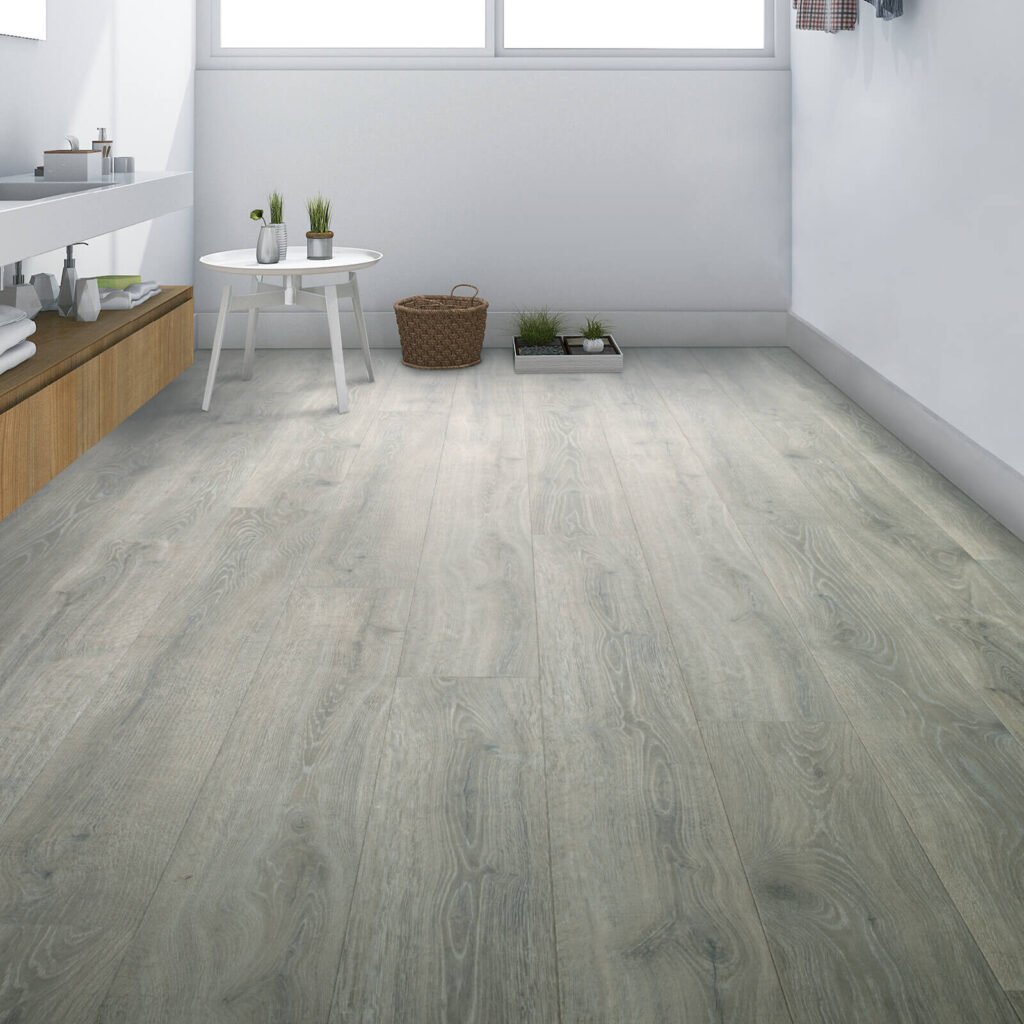 Light gray laminate flooring in modern bathroom