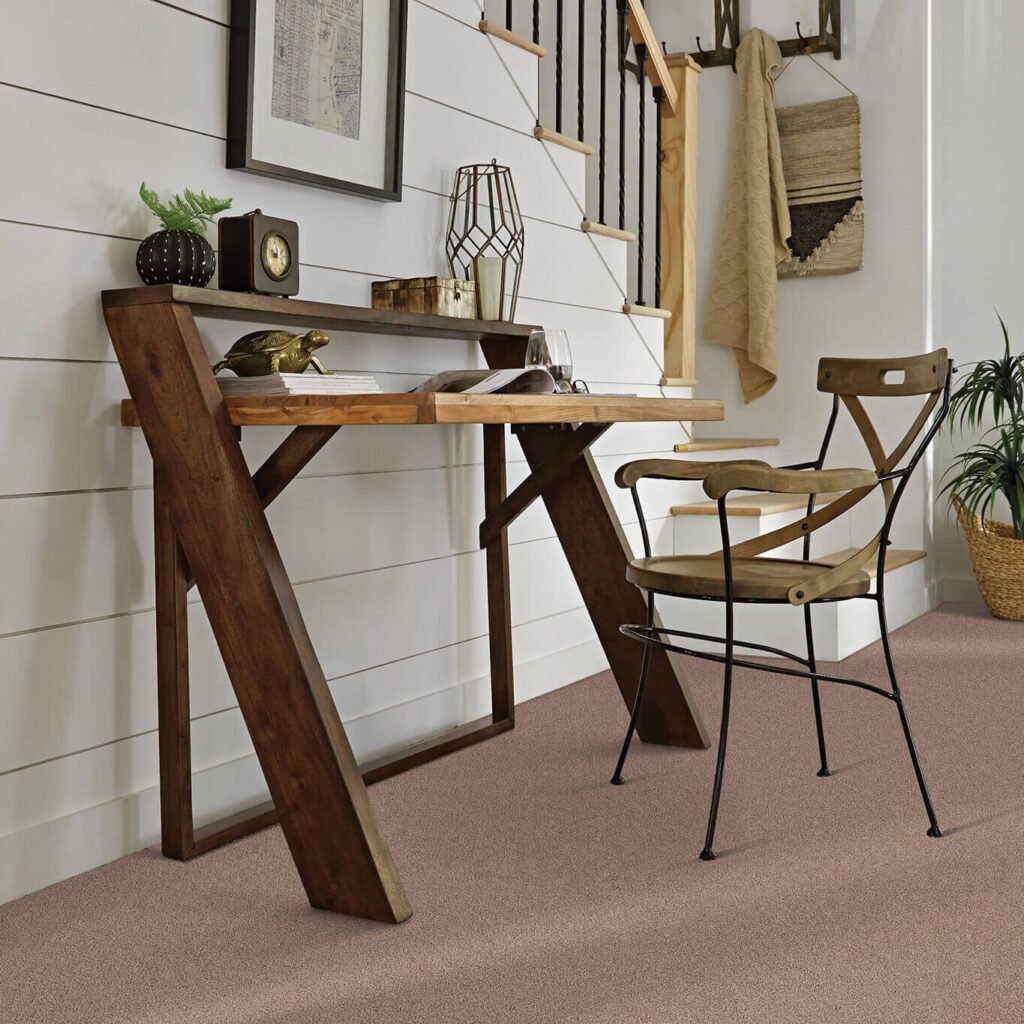 Brown carpet in workspace with wooden desk and chairs