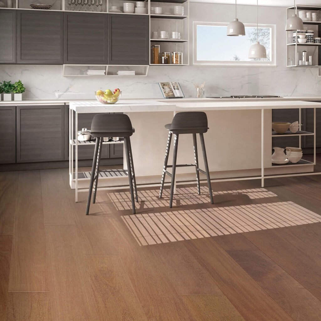 Light brown hardwood floor in modern kitchen