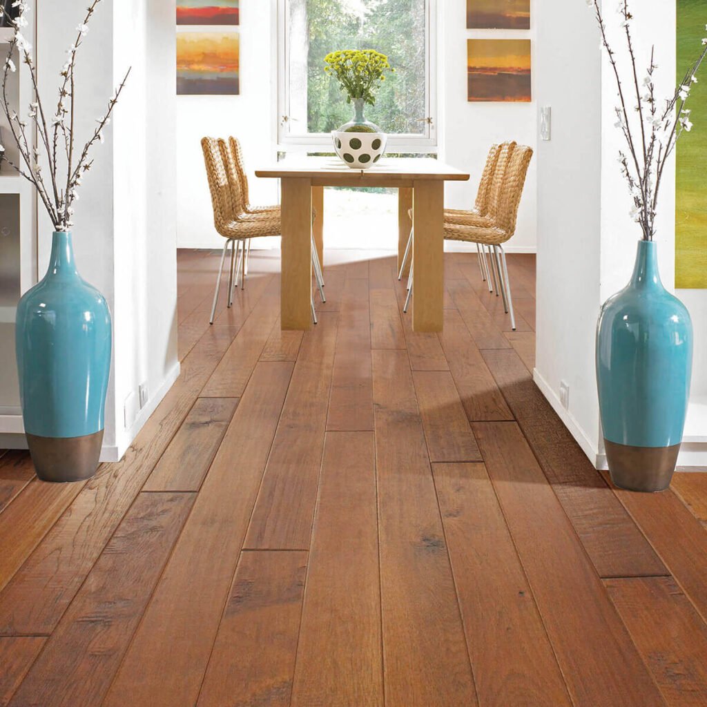 Warm brown hardwood floor in dining room
