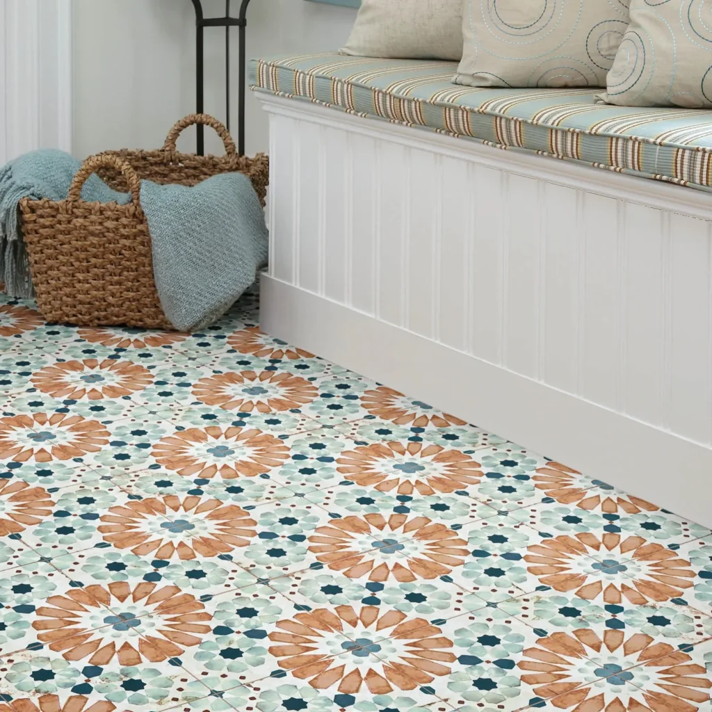 Patterned colorful tile flooring with bench seating