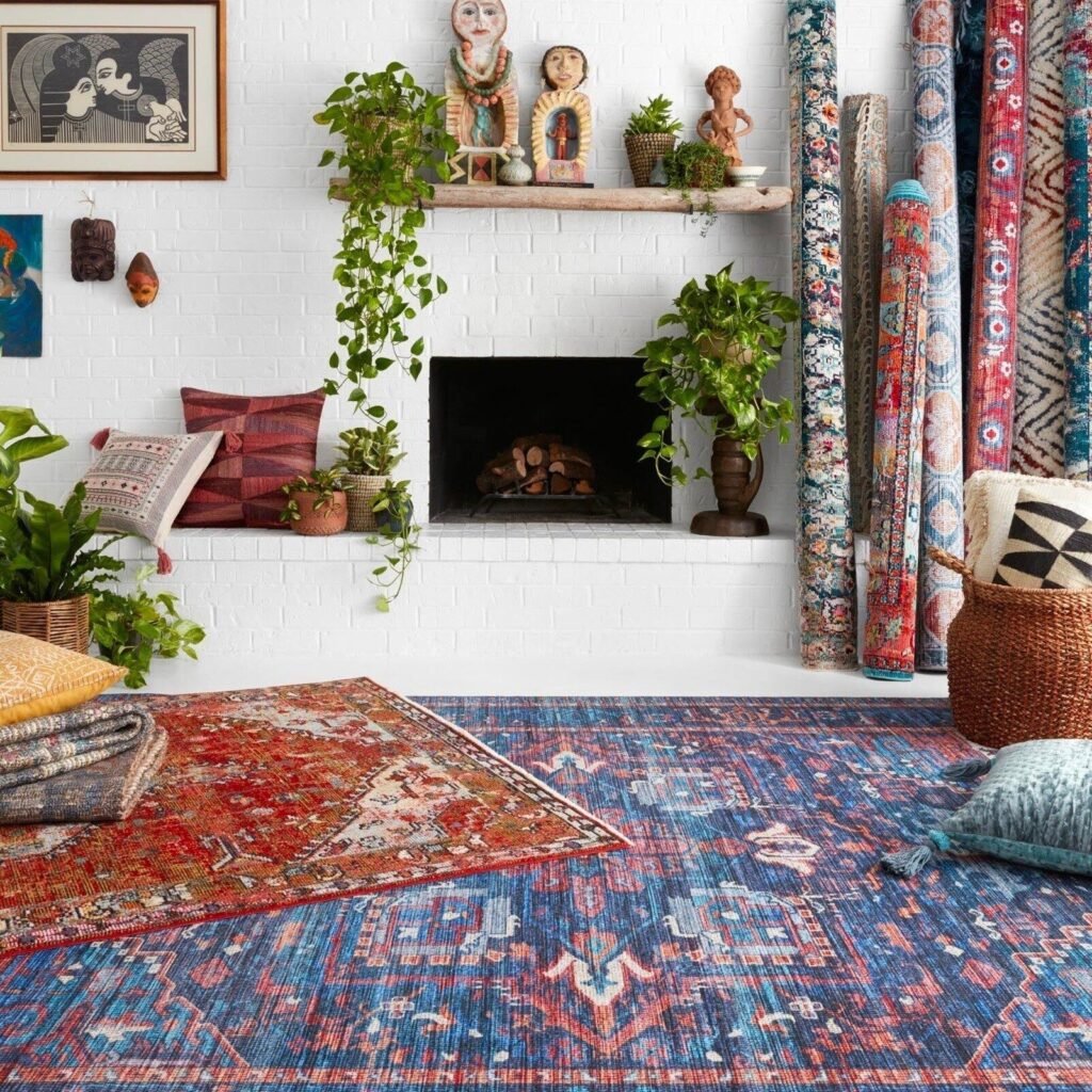 Layered colorful rugs in bohemian living space
