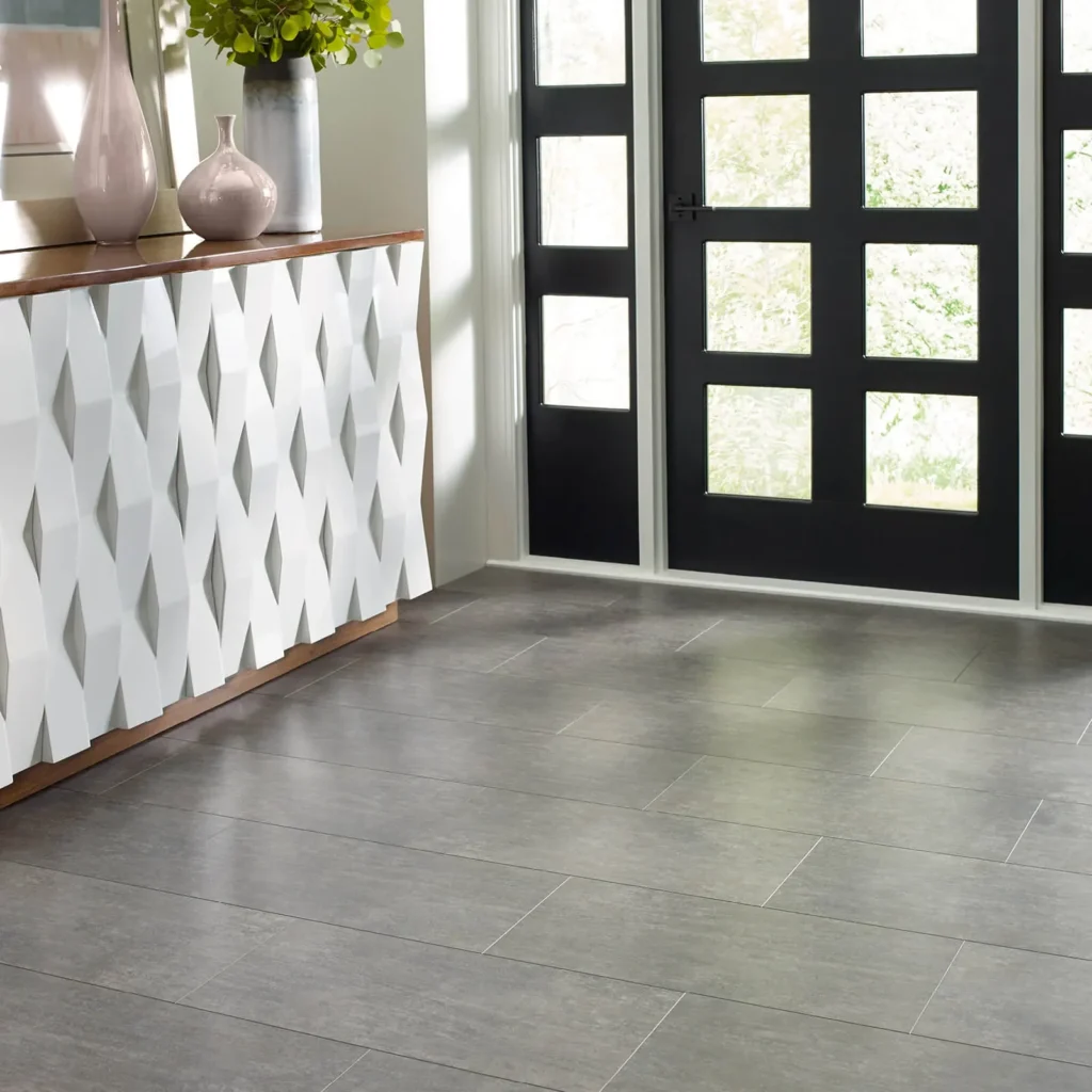 Dark gray tile flooring in modern entryway.