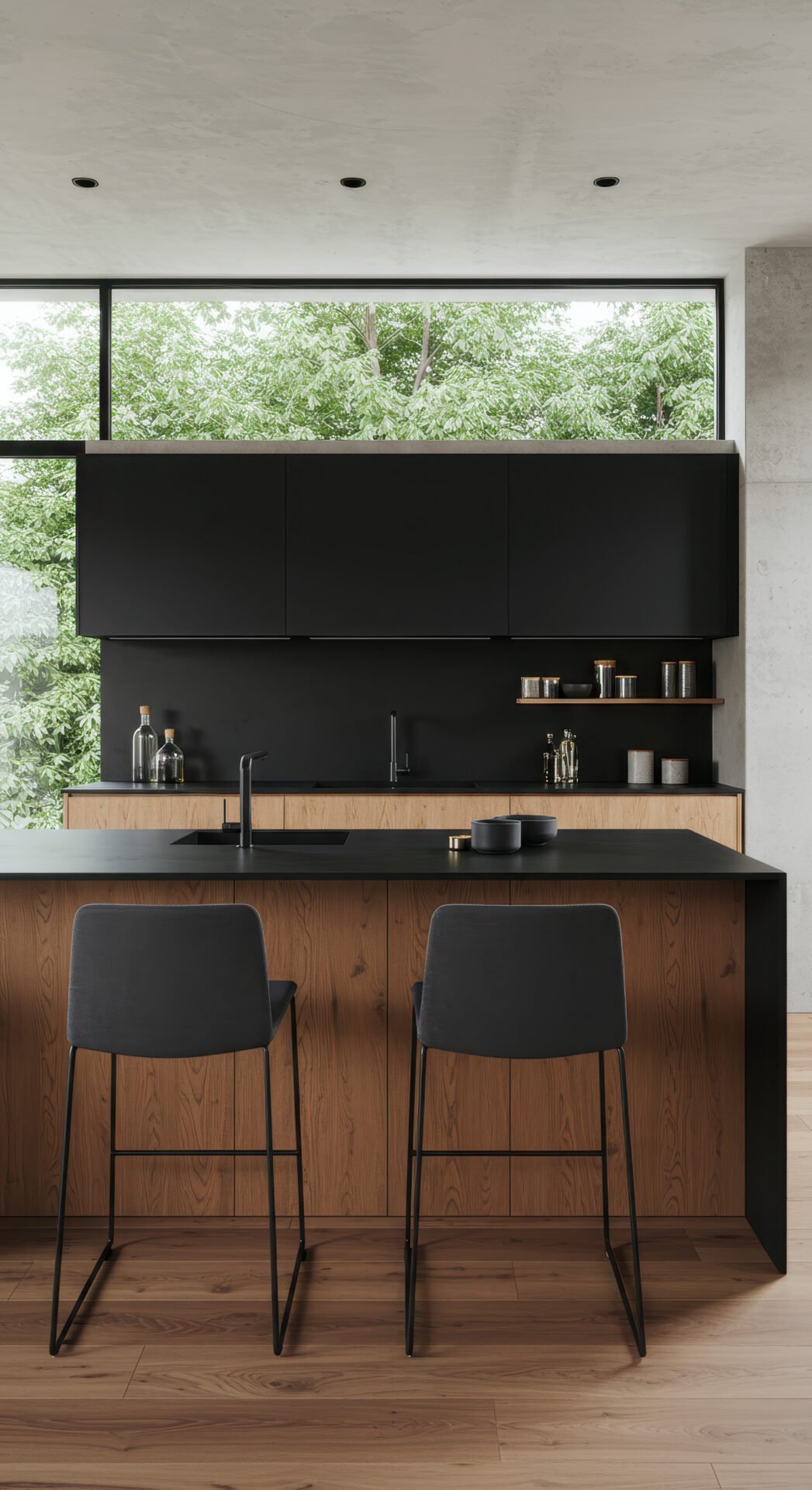Modern kitchen island with two black chairs on wooden flooring