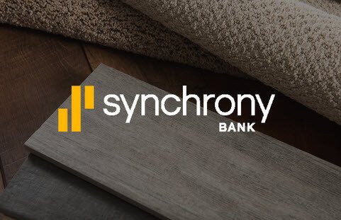 Synchrony Bank logo on samples of carpet and wood flooring