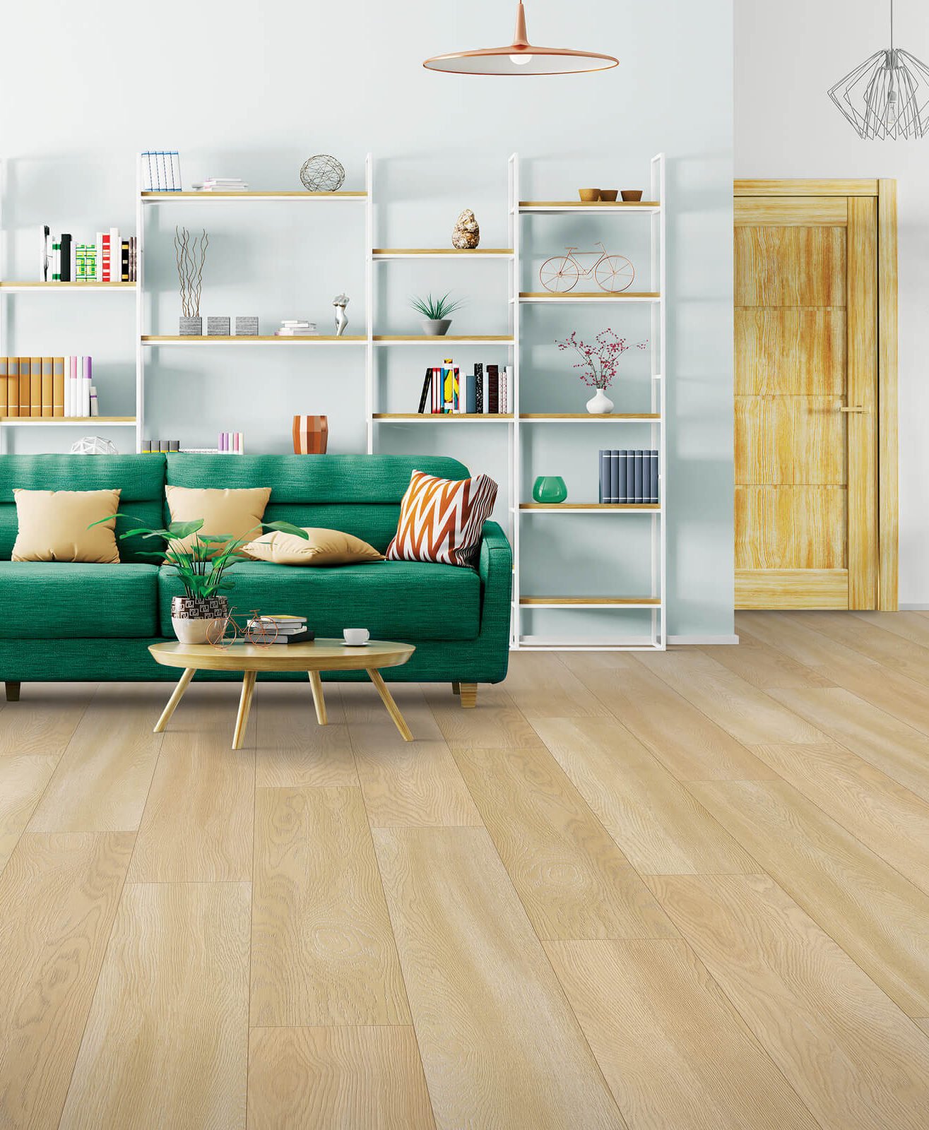 Living room with light wood laminate flooring, green sofa, and white shelving unit