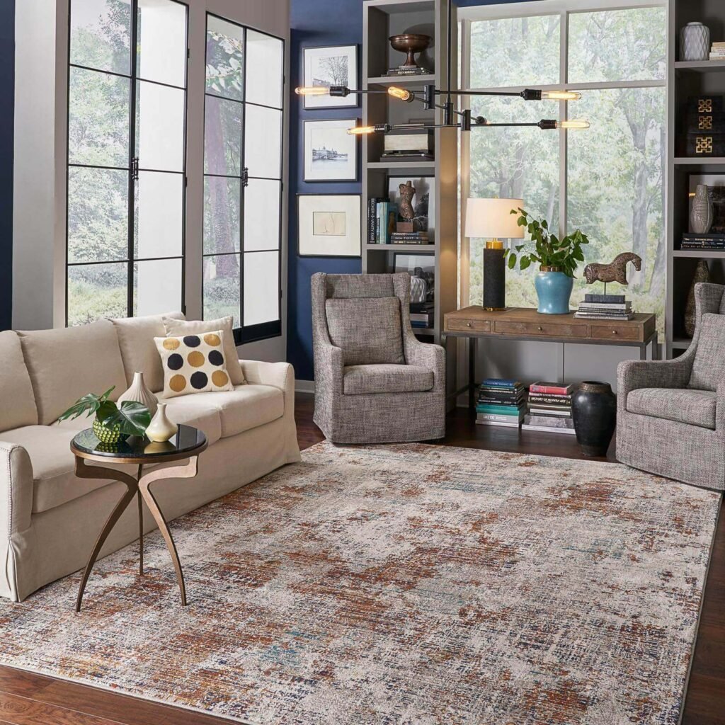 Neutral distressed rug in bright living room
