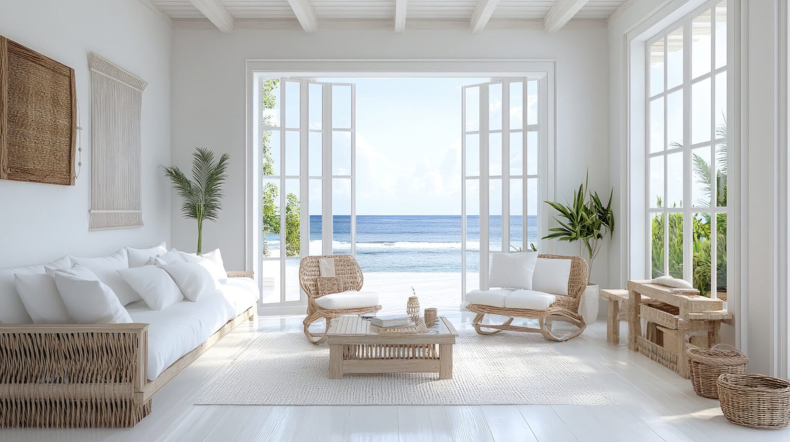 Bright coastal living room with white sofas, wicker chairs, and open French doors overlooking the ocean.