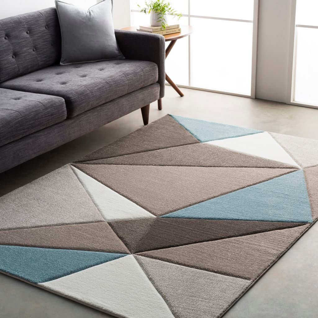 Gray and teal geometric pattern rug