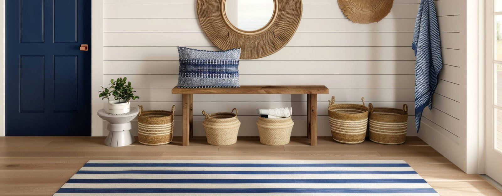 Entryway with blue front door, striped rug, woven baskets, and wooden bench with pillows.